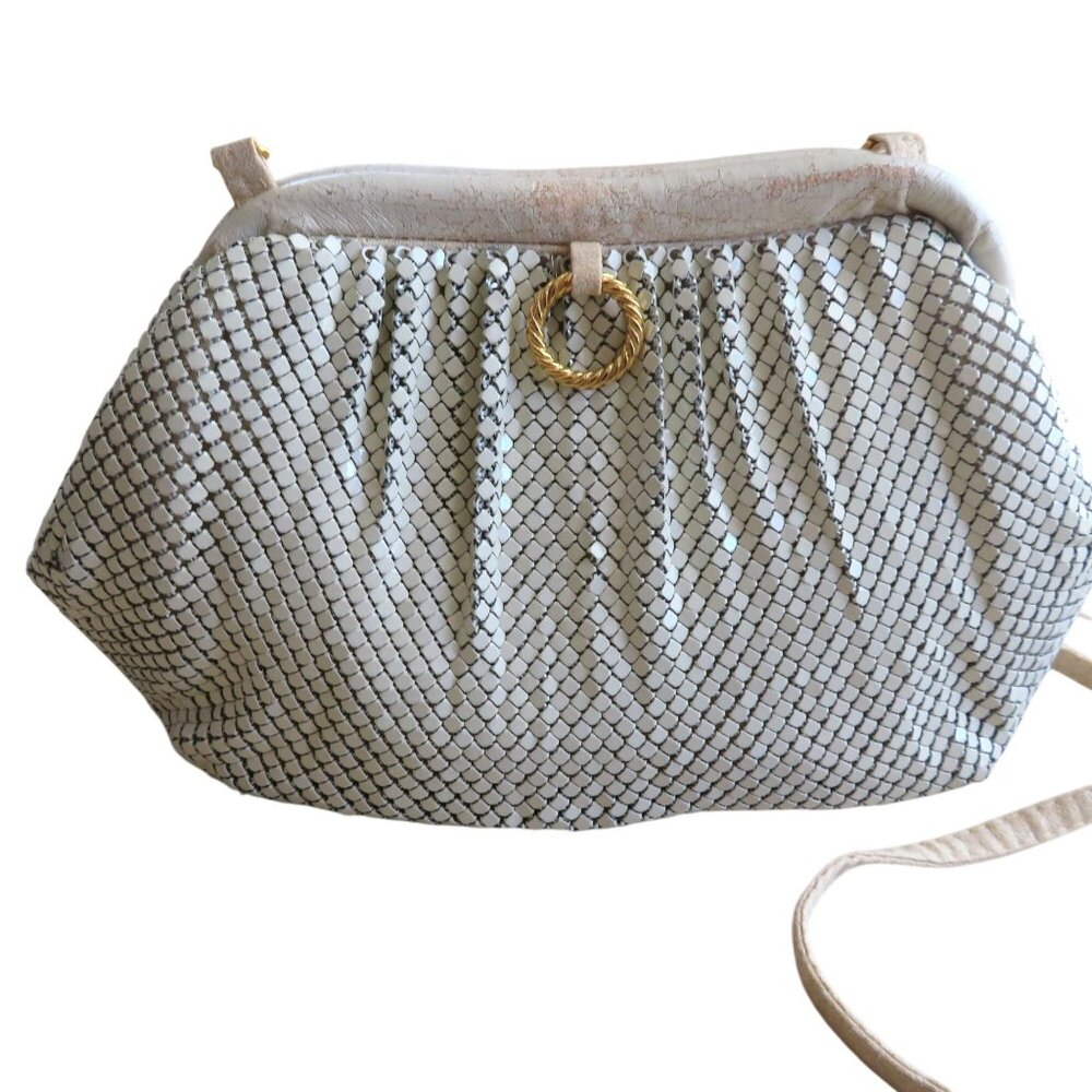 Vintage Whiting & Davis Cream Metal Mesh Handbag Gold Ring Accent Detachable Str